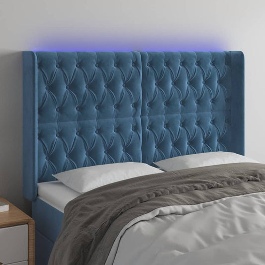 Cabeceira cama c/ luzes LED veludo 147x16x118/128cm azul-escuro