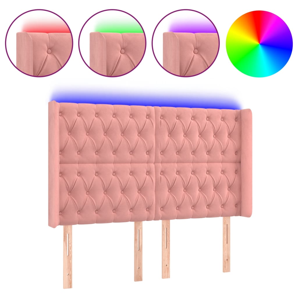 Cabeceira de cama c/ luzes LED veludo 147x16x118/128 cm rosa