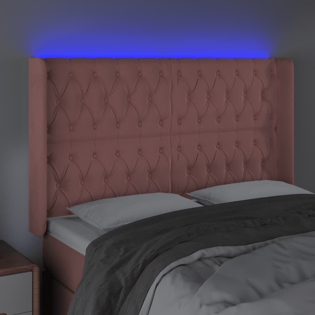 Cabeceira de cama c/ luzes LED veludo 147x16x118/128 cm rosa