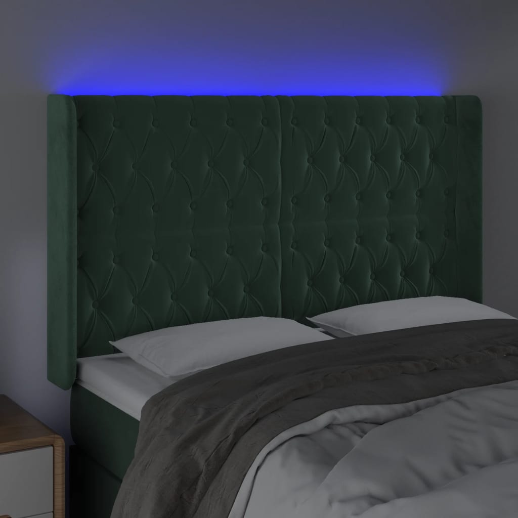 Cabeceira de cama c/ LED veludo 163x16x118/128 cm verde-escuro