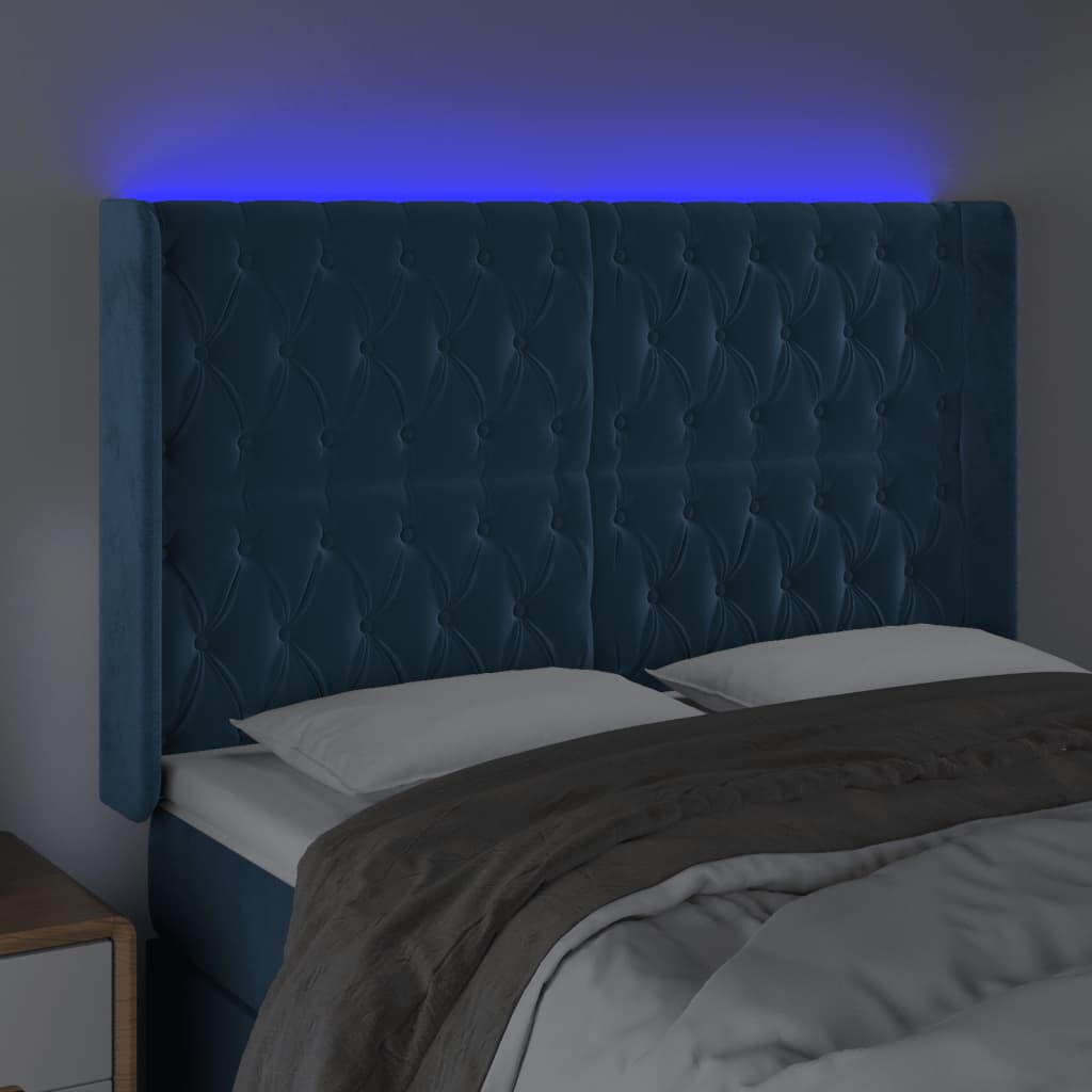 Cabeceira cama c/ luzes LED veludo 163x16x118/128cm azul-escuro