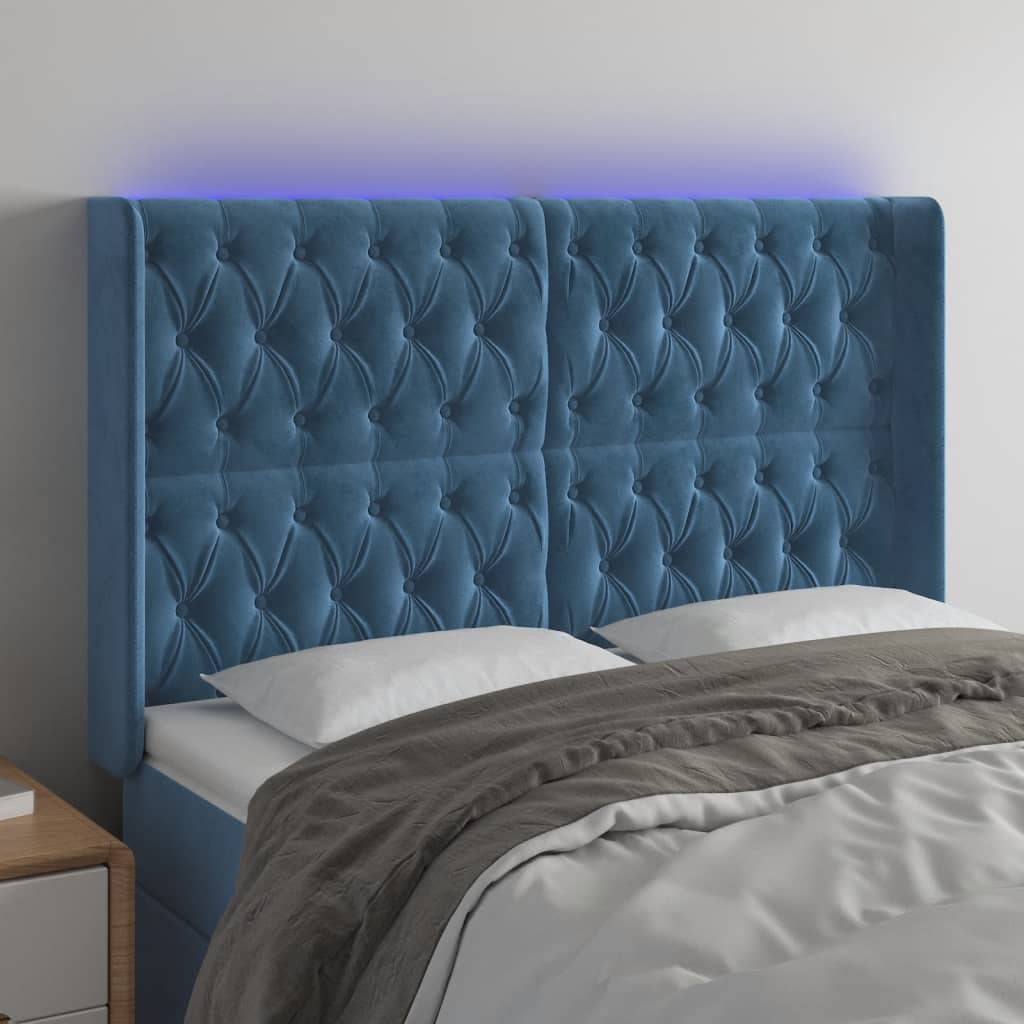 Cabeceira cama c/ luzes LED veludo 163x16x118/128cm azul-escuro