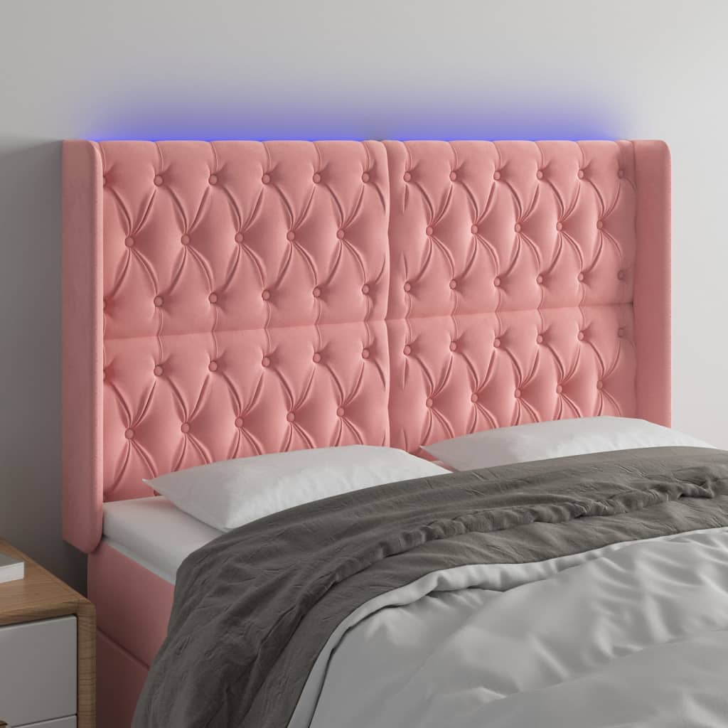 Cabeceira de cama c/ luzes LED veludo 163x16x118/128 cm rosa