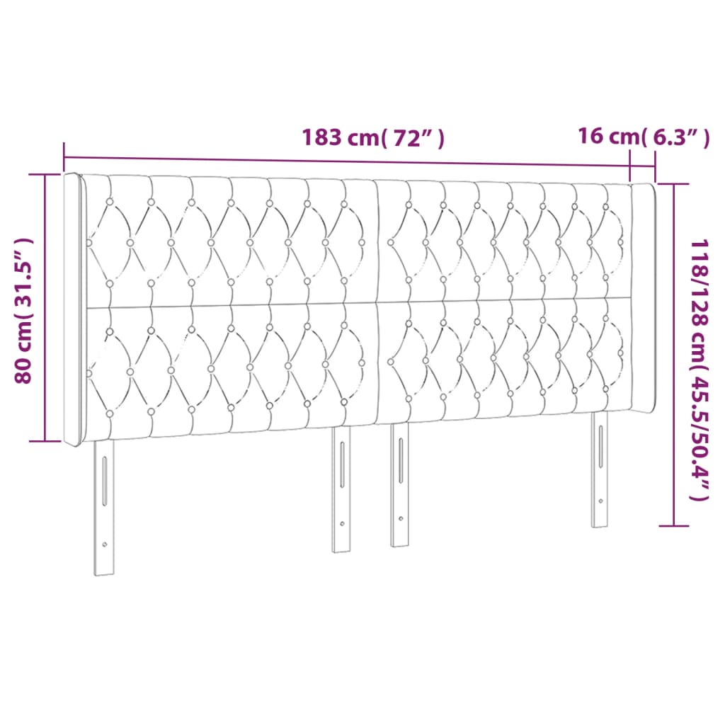 Cabeceira de cama c/ luzes LED veludo 183x16x118/128 cm preto