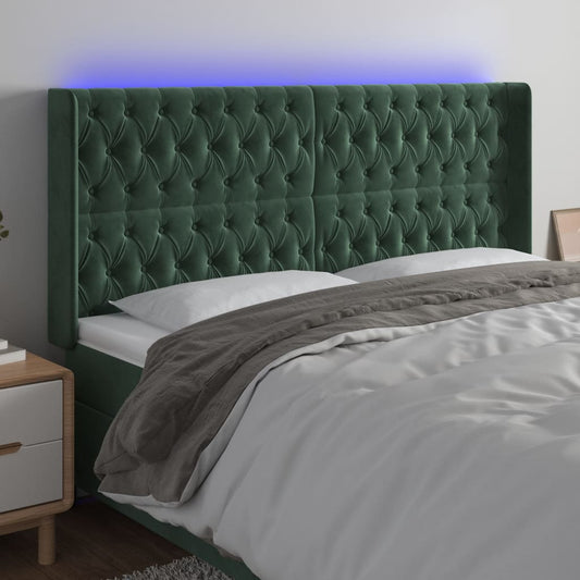 Cabeceira de cama c/ LED veludo 183x16x118/128 cm verde-escuro