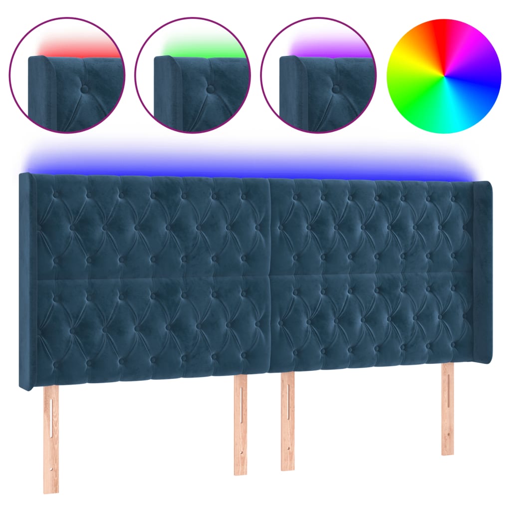 Cabeceira cama c/ luzes LED veludo 203x16x118/128cm azul-escuro