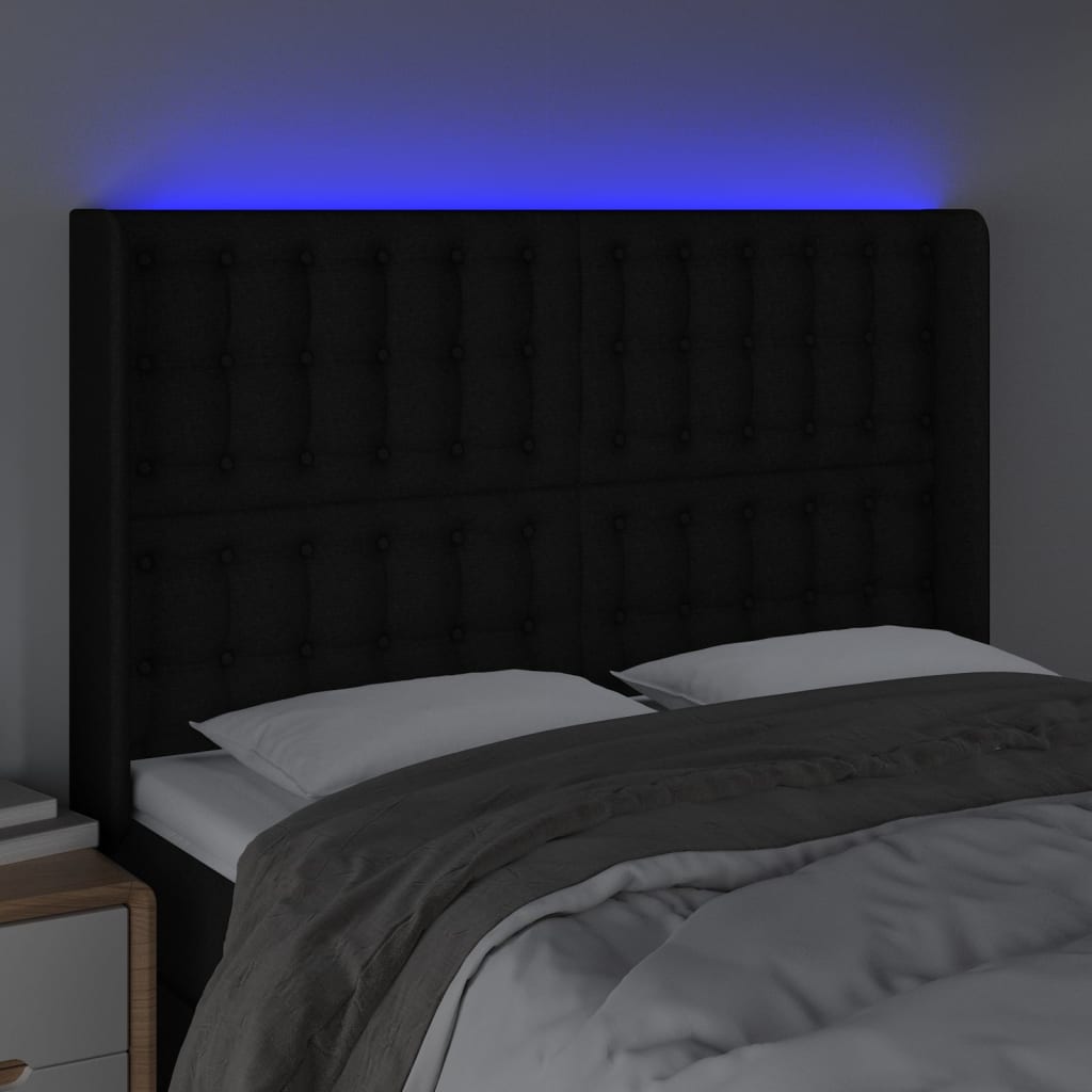 Cabeceira de cama c/ luzes LED tecido 147x16x118/128 cm preto