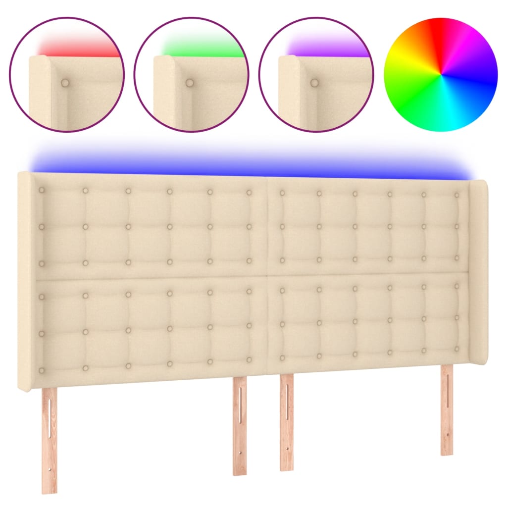 Cabeceira cama c/ luzes LED tecido 163x16x118/128 cm cor creme