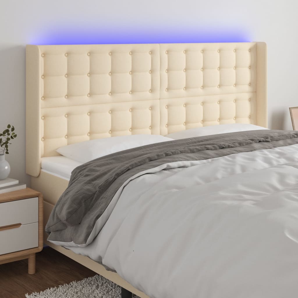 Cabeceira cama c/ luzes LED tecido 163x16x118/128 cm cor creme