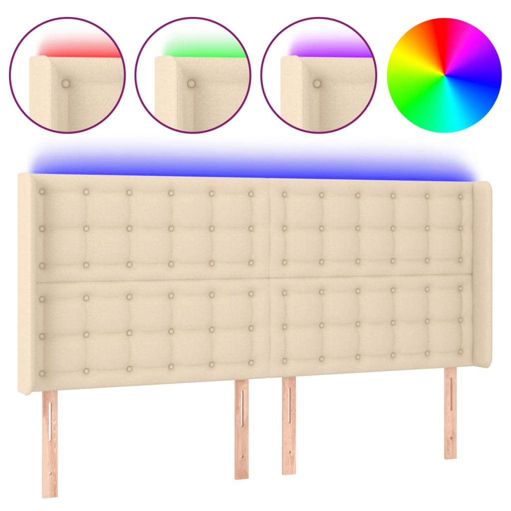 Cabeceira cama c/ luzes LED tecido 183x16x118/128 cm cor creme