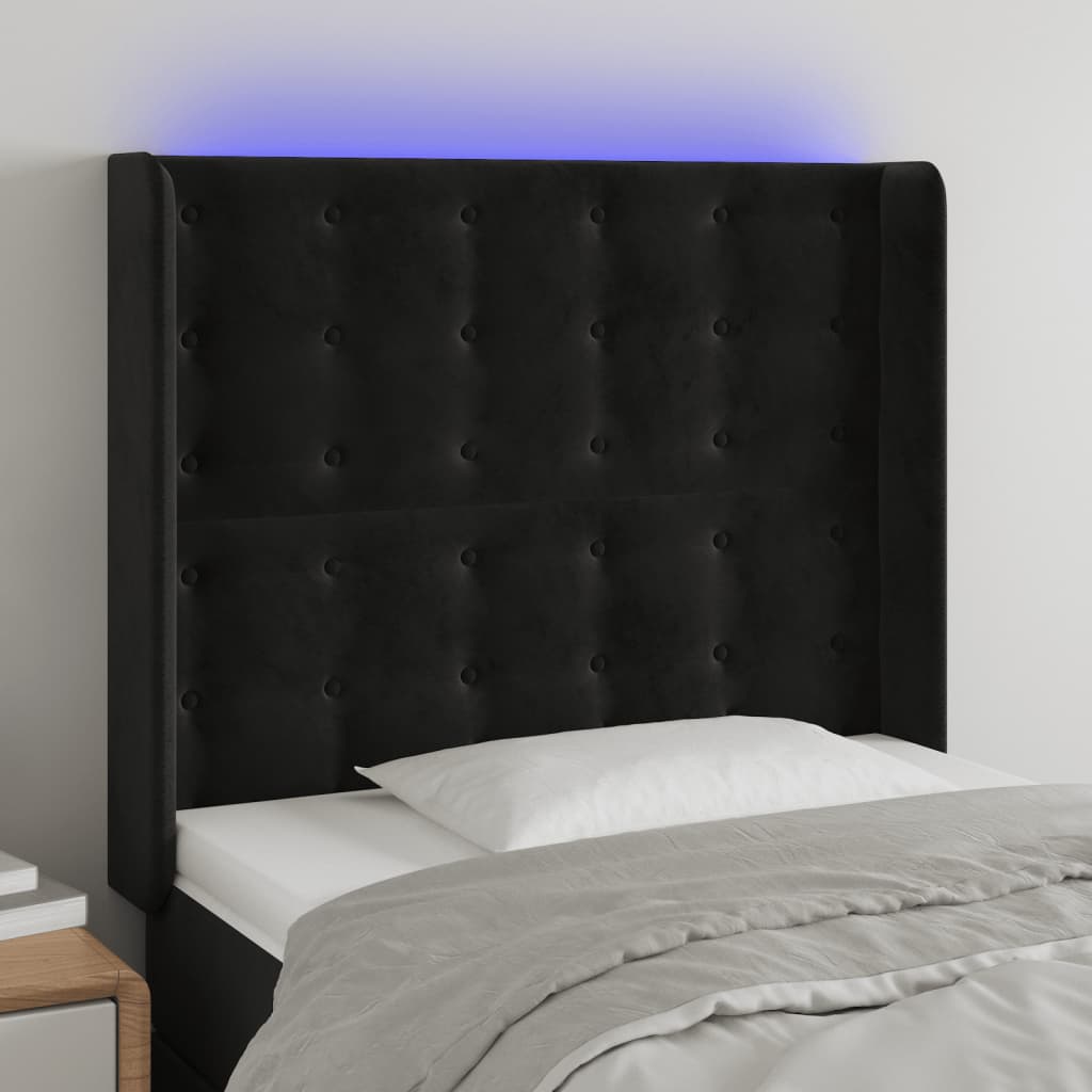 Cabeceira de cama c/ luzes LED veludo 83x16x118/128 cm preto