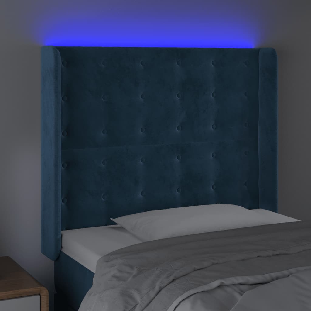 Cabeceira cama c/ luzes LED veludo 93x16x118/128 cm azul-escuro