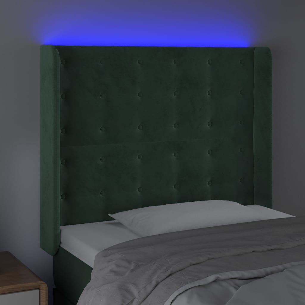 Cabeceira de cama c/ LED veludo 103x16x118/128 cm verde-escuro