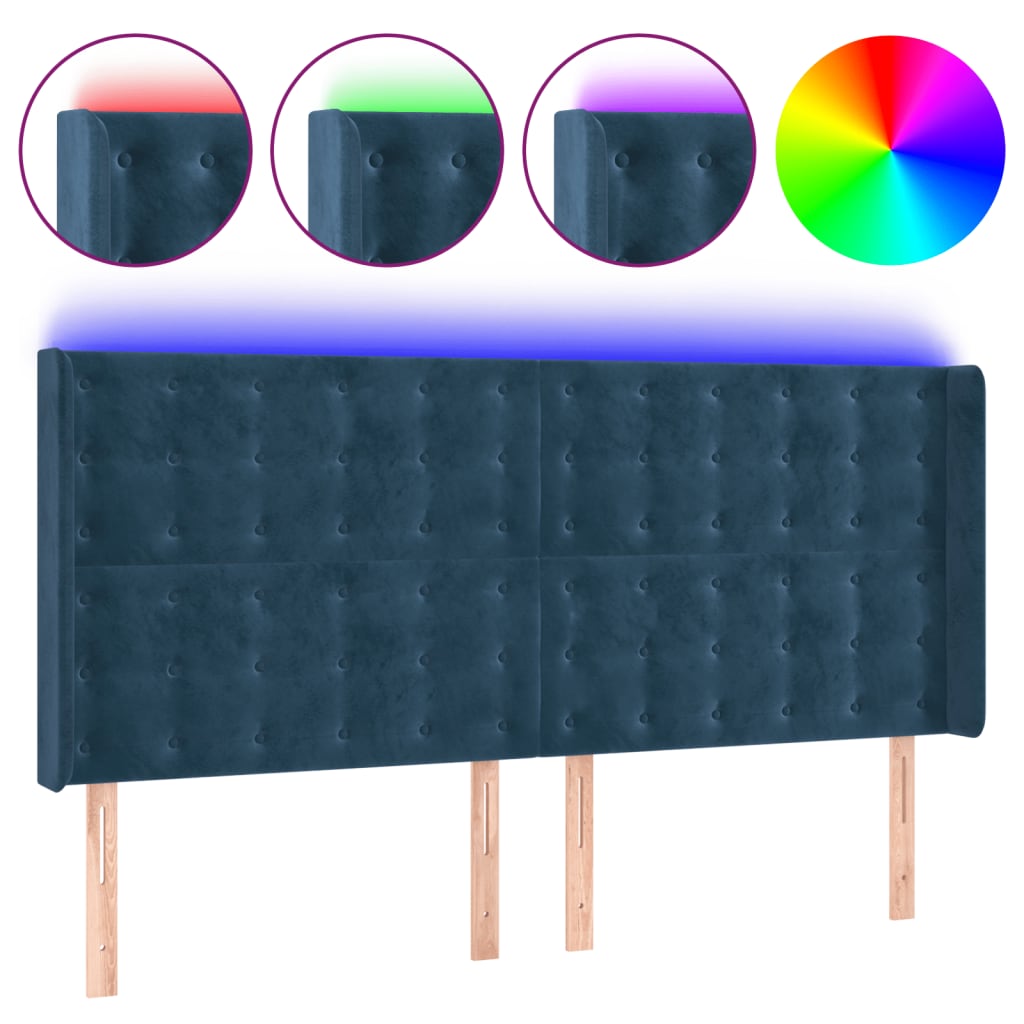 Cabeceira cama c/ luzes LED veludo 183x16x118/128cm azul-escuro