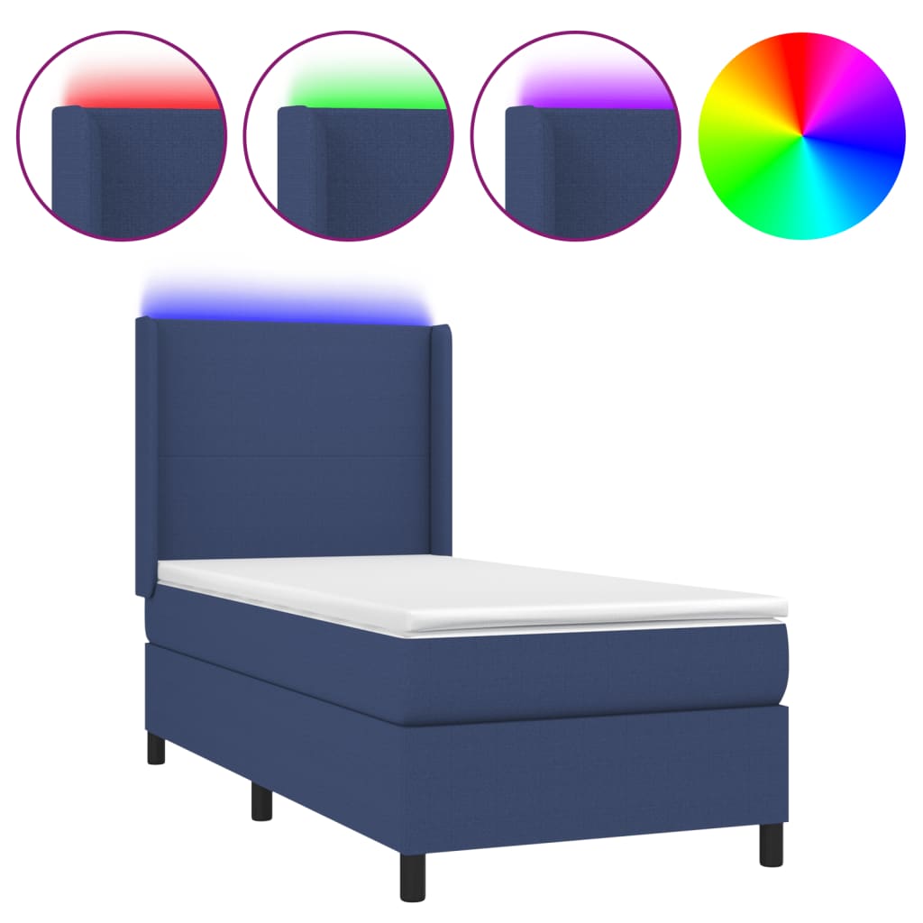 Cama box spring c/ colchão e LED 90x190 cm tecido azul