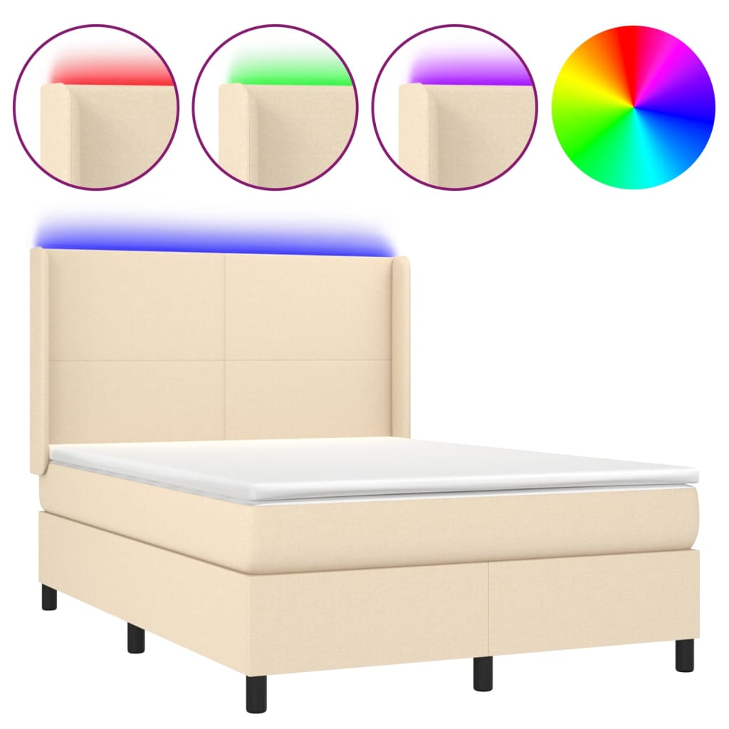 Cama box spring c/ colchão e LED 140x200 cm tecido cor creme