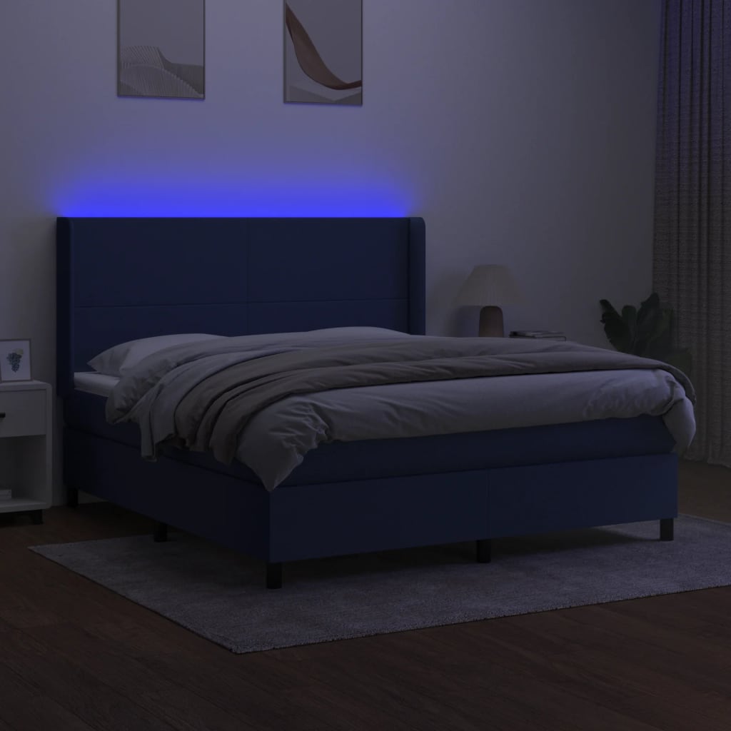 Cama box spring c/ colchão e LED 180x200 cm tecido azul