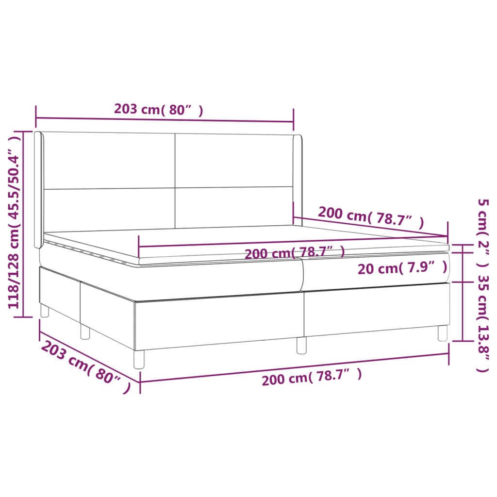 Cama box spring c/ colchão e LED 200x200 cm tecido cinza-claro