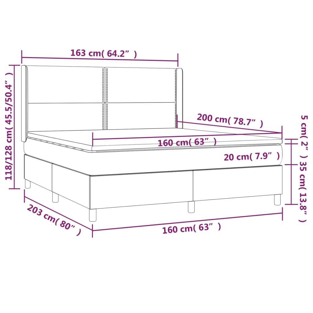 Cama box spring c/ colchão e LED 160x200 cm tecido cor creme