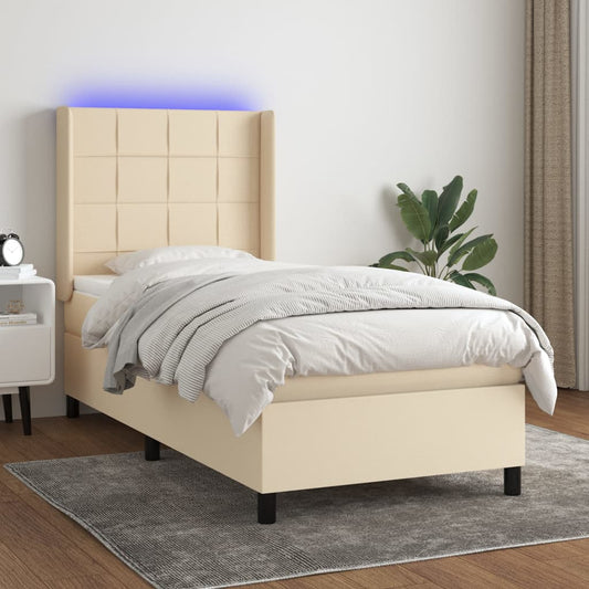 Cama box spring c/ colchão e LED 90x190 cm tecido cor creme