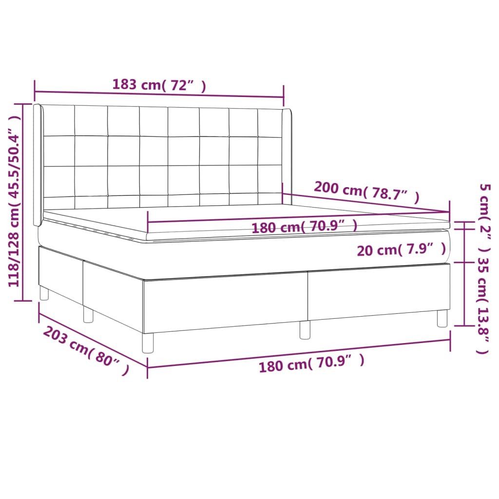 Cama box spring c/ colchão e LED 180x200 cm tecido azul