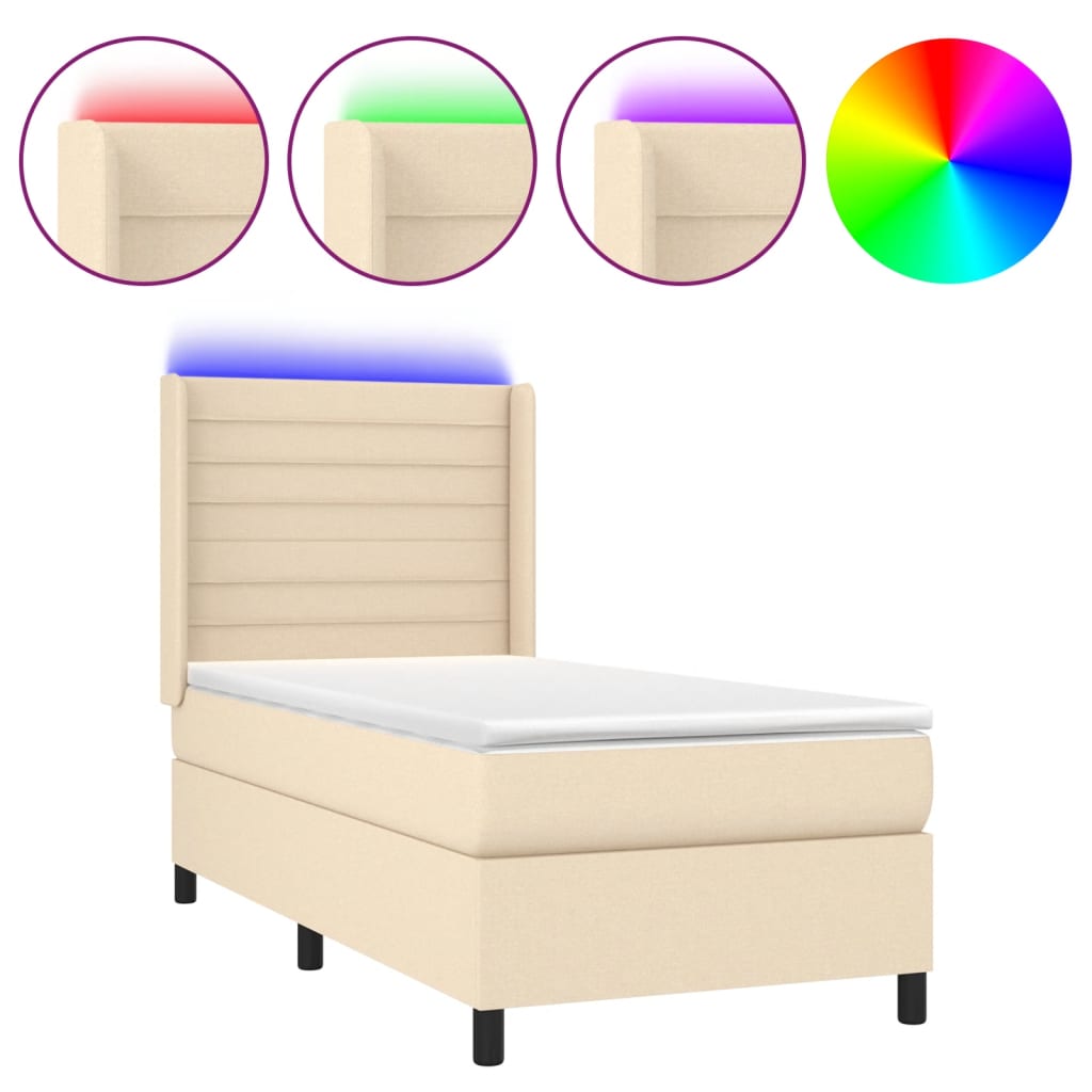 Cama box spring c/ colchão e LED 100x200 cm tecido cor creme