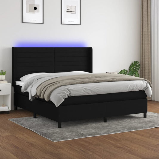 Cama box spring c/ colchão e LED 160x200 cm tecido preto