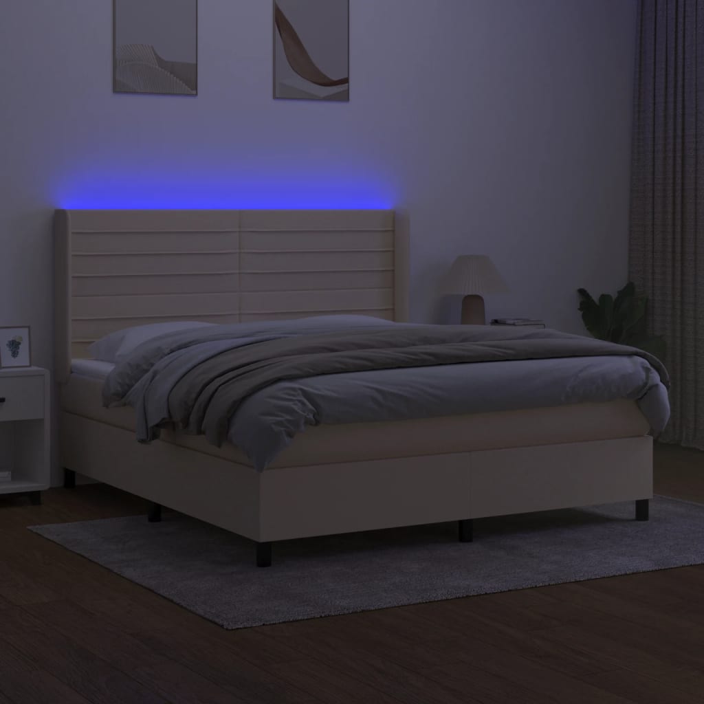 Cama box spring c/ colchão e LED 160x200 cm tecido cor creme