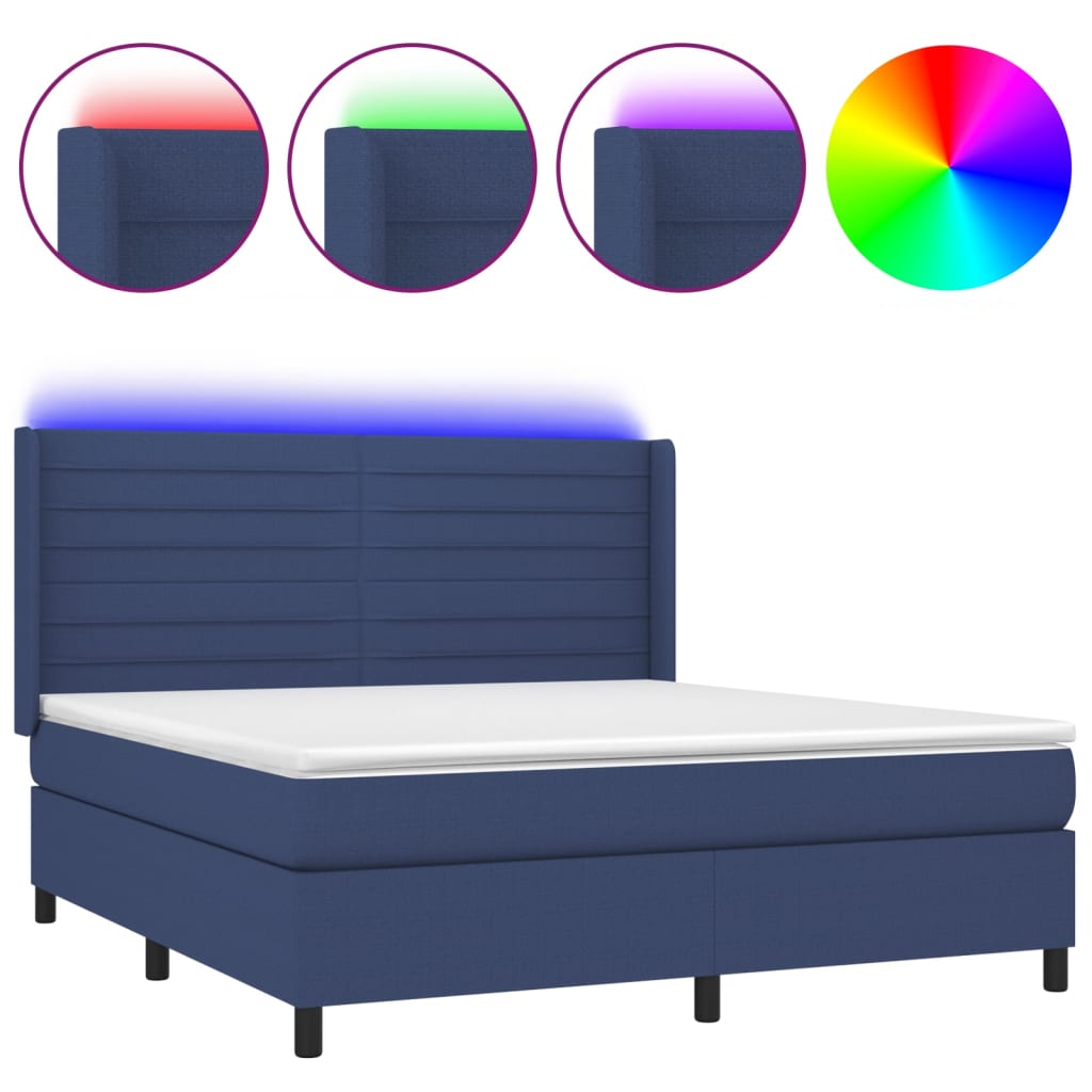 Cama box spring c/ colchão e LED 180x200 cm tecido azul