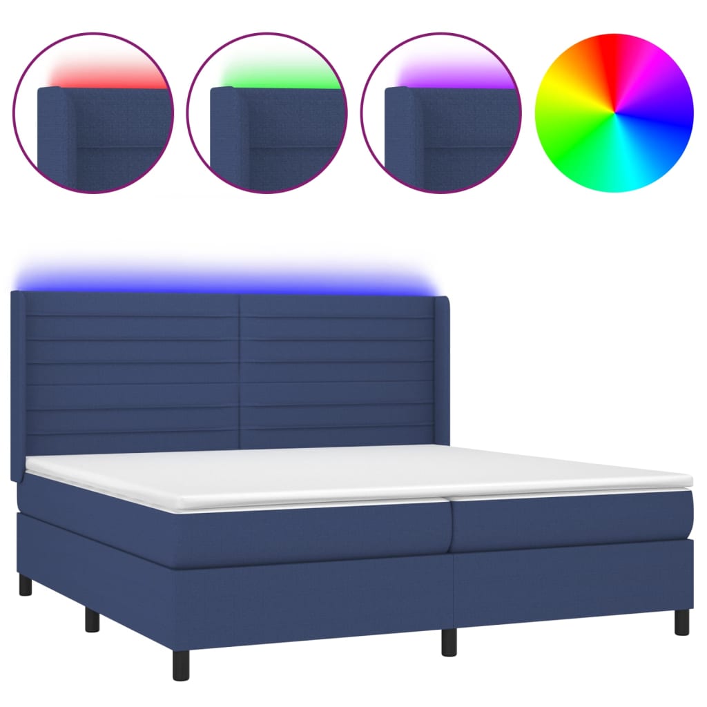 Cama box spring c/ colchão e LED 200x200 cm tecido azul