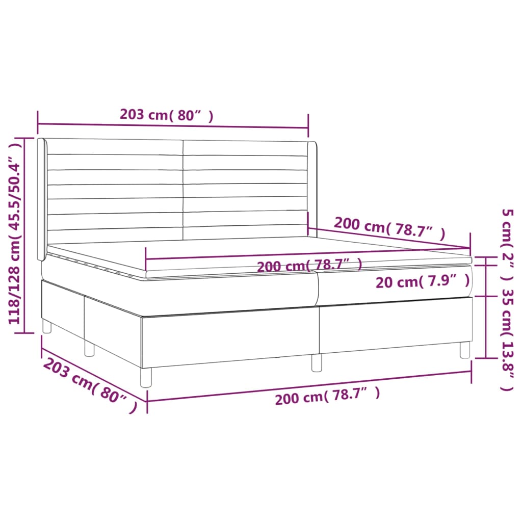 Cama box spring c/ colchão e LED 200x200 cm tecido azul