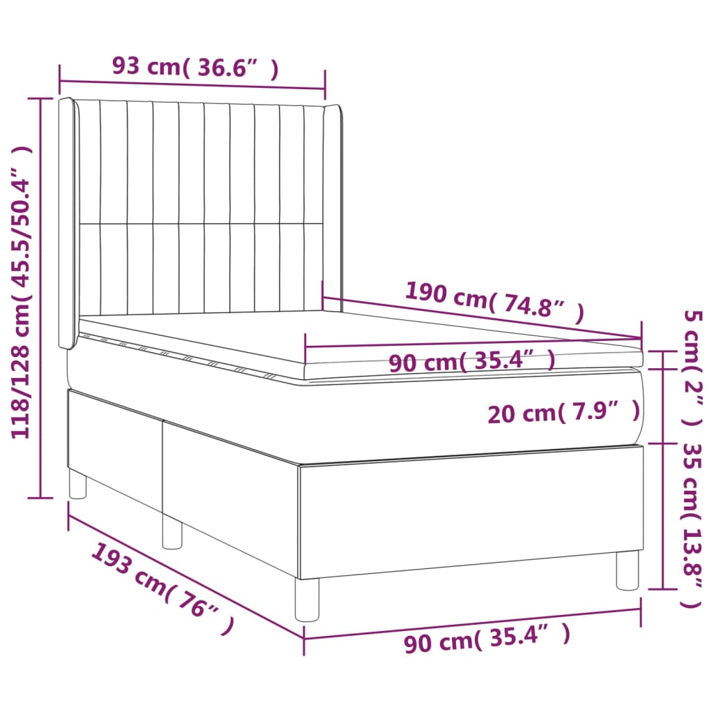 Cama box spring c/ colchão/LED 90x190 cm tecido castanho-escuro