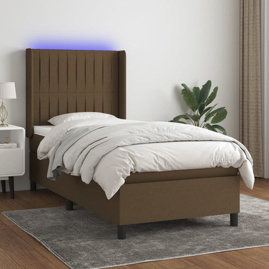 Cama box spring c/ colchão/LED 90x190 cm tecido castanho-escuro