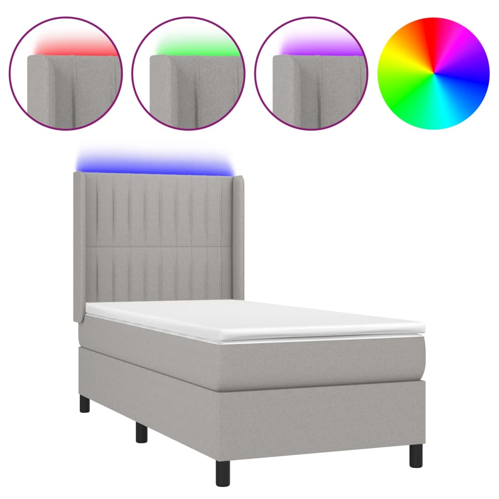 Cama box spring c/ colchão e LED 100x200 cm tecido cinza-claro