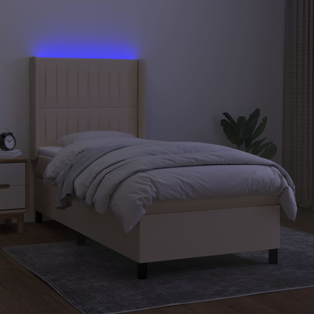 Cama box spring c/ colchão e LED 100x200 cm tecido cor creme