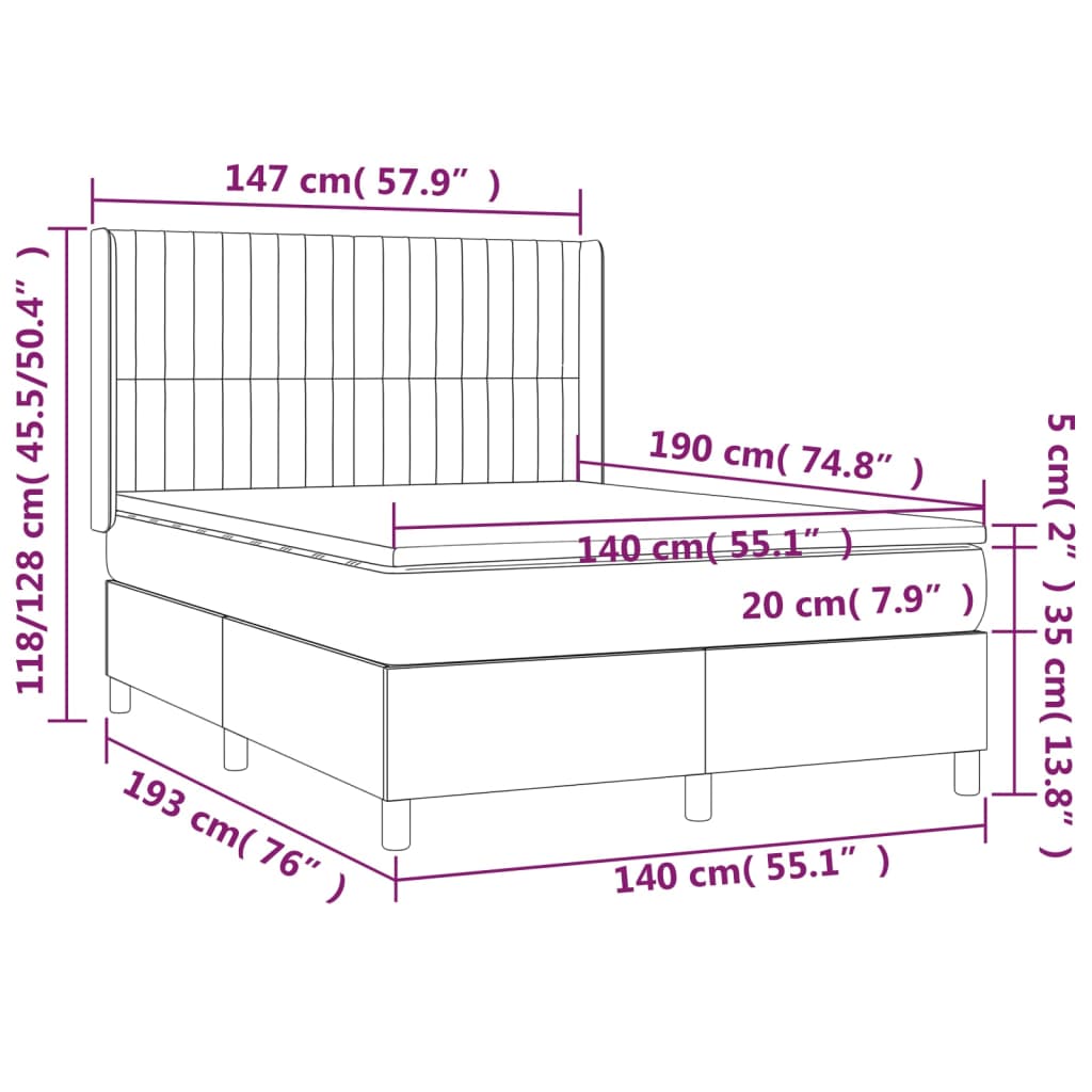 Cama box spring c/ colchão e LED 140x190 cm tecido cinza-claro