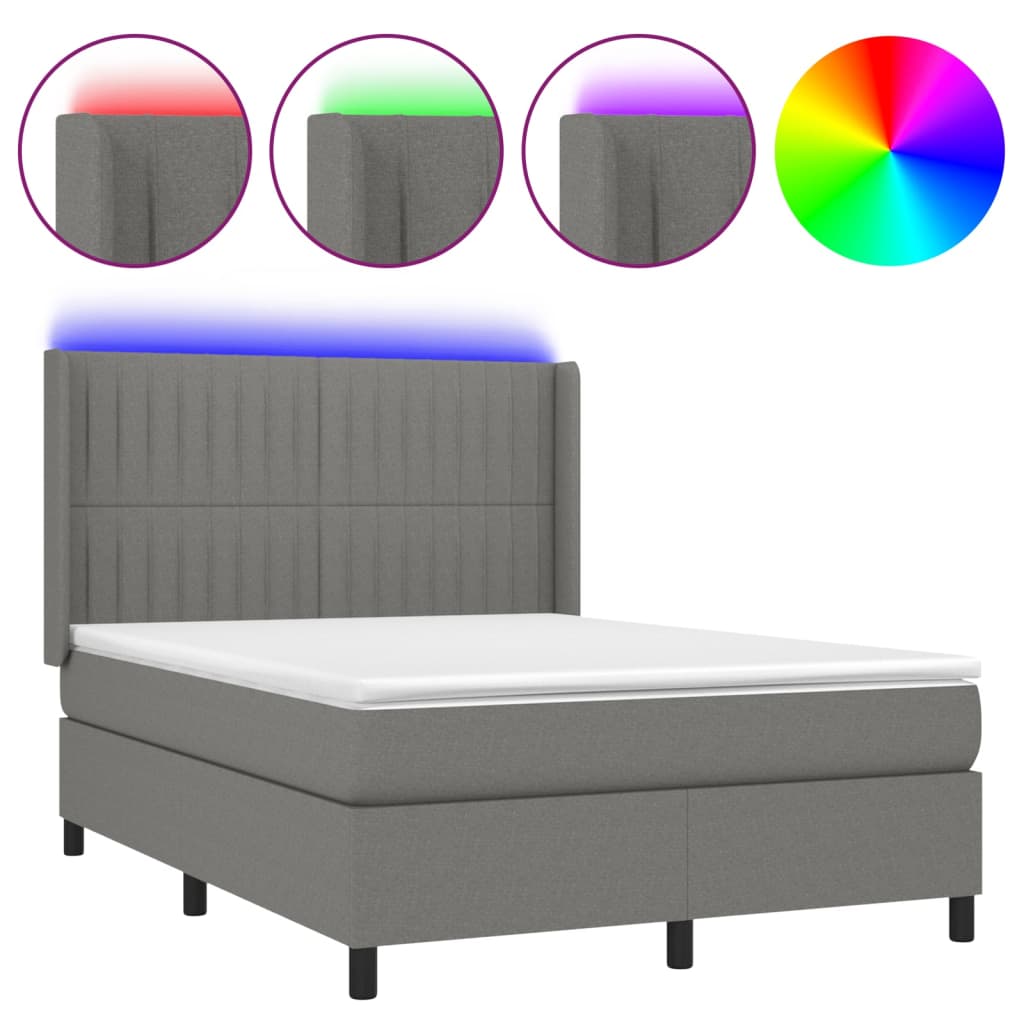 Cama box spring c/ colchão e LED 140x200 cm tecido cinza-escuro