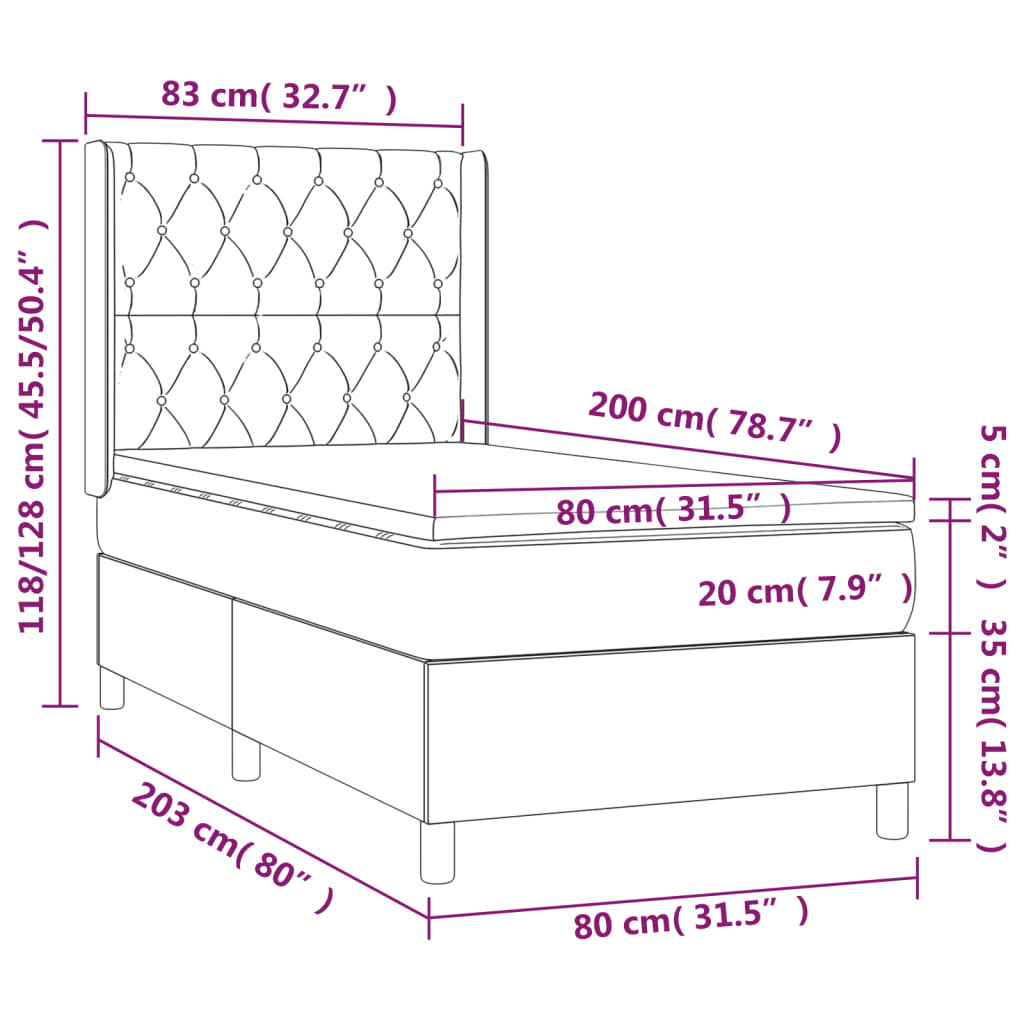 Cama box spring c/ colchão/LED 80x200cm tecido castanho-escuro