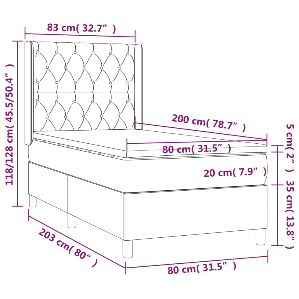 Cama box spring + colchão/LED 80x200cm tecido cinza-acastanhado