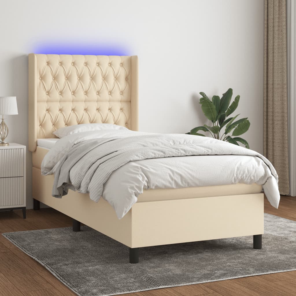 Cama box spring c/ colchão e LED 90x190 cm tecido cor creme