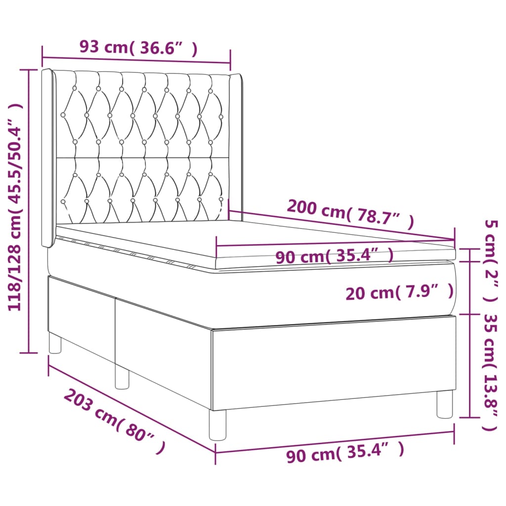 Cama box spring c/ colchão e LED 90x200 cm tecido cor creme