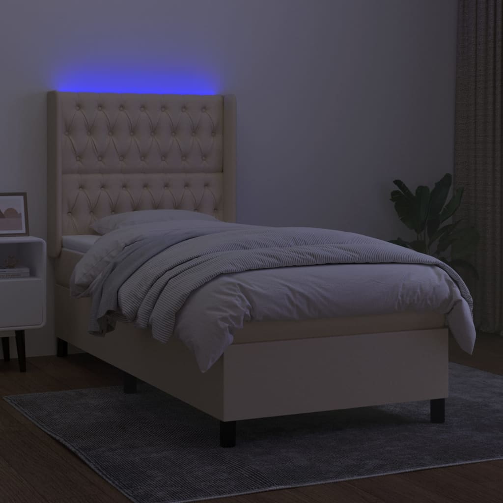 Cama box spring c/ colchão e LED 100x200 cm tecido cor creme