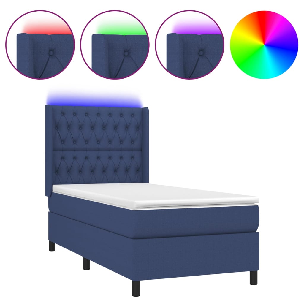 Cama box spring c/ colchão e LED 100x200 cm tecido azul