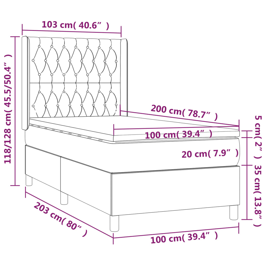 Cama box spring c/ colchão e LED 100x200 cm tecido azul