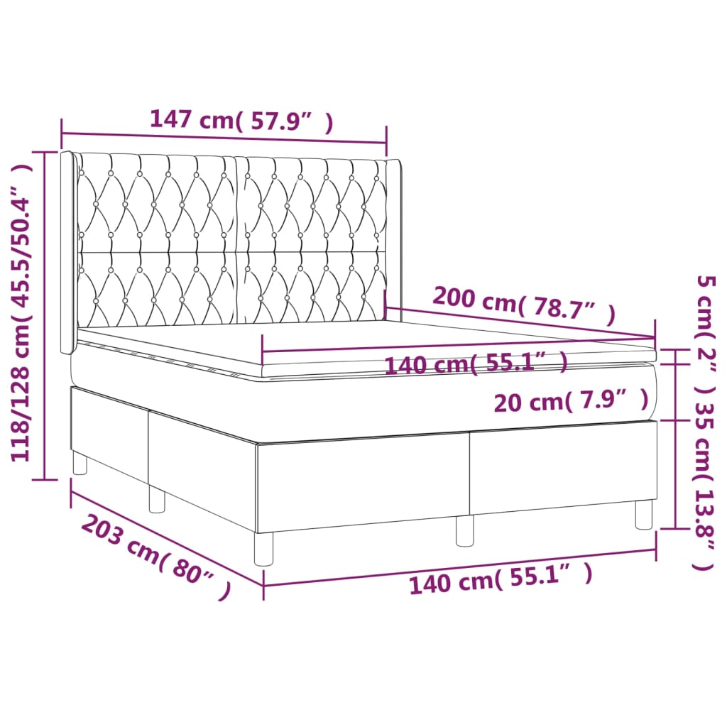 Cama box spring colchão/LED 140x200 cm tecido cinza-acastanhado