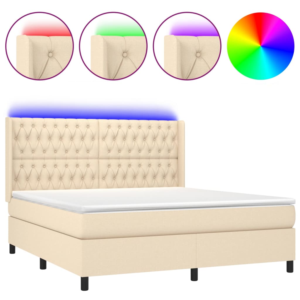 Cama box spring c/ colchão e LED 160x200 cm tecido cor creme