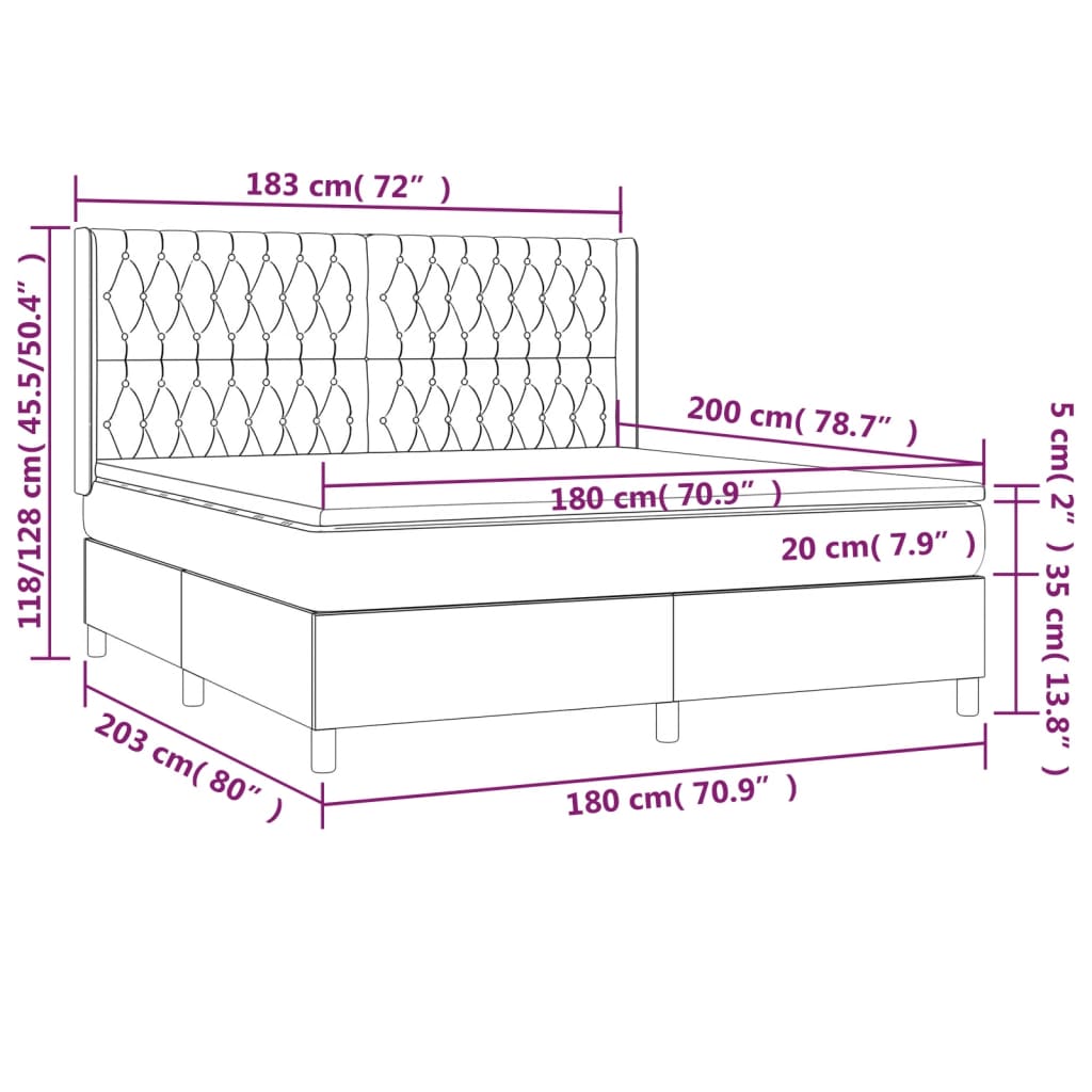 Cama box spring colchão/LED 180x200cm tecido cinza-acastanhado