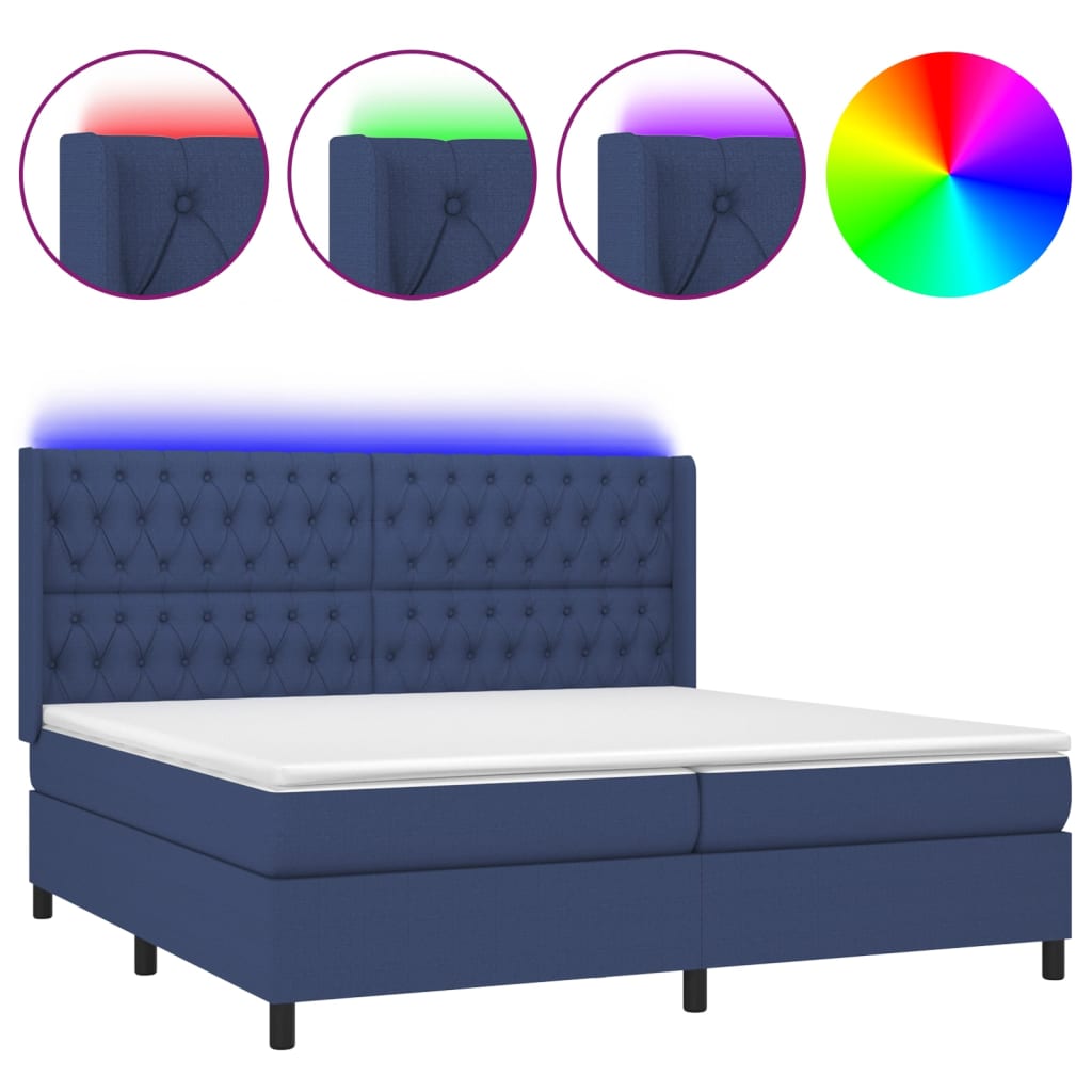 Cama box spring c/ colchão e LED 200x200 cm tecido azul