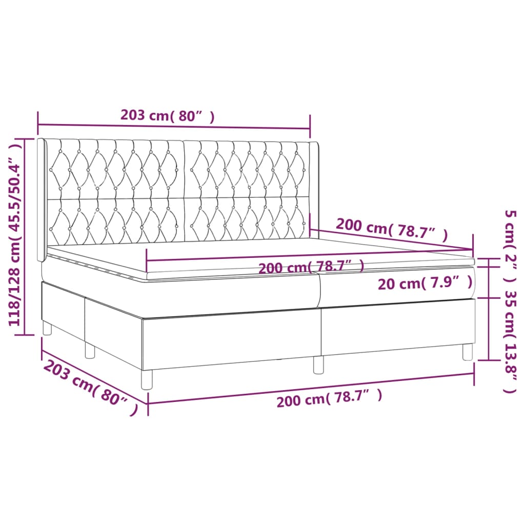 Cama box spring c/ colchão e LED 200x200 cm tecido azul