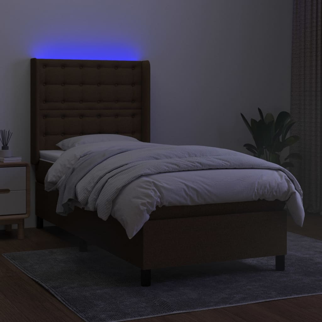 Cama box spring c/ colchão/LED 80x200cm tecido castanho-escuro